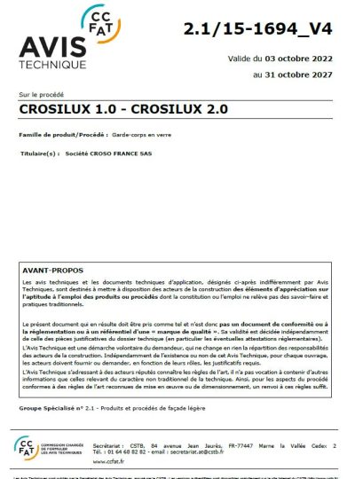 Avis technique CROSILUX 1.0 et 2.0