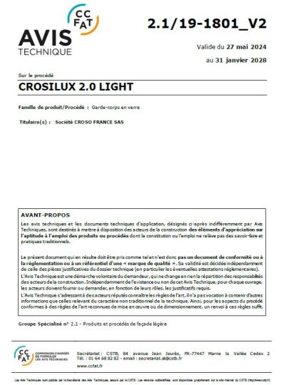 Avis technique CROSILUX 2.0 Light